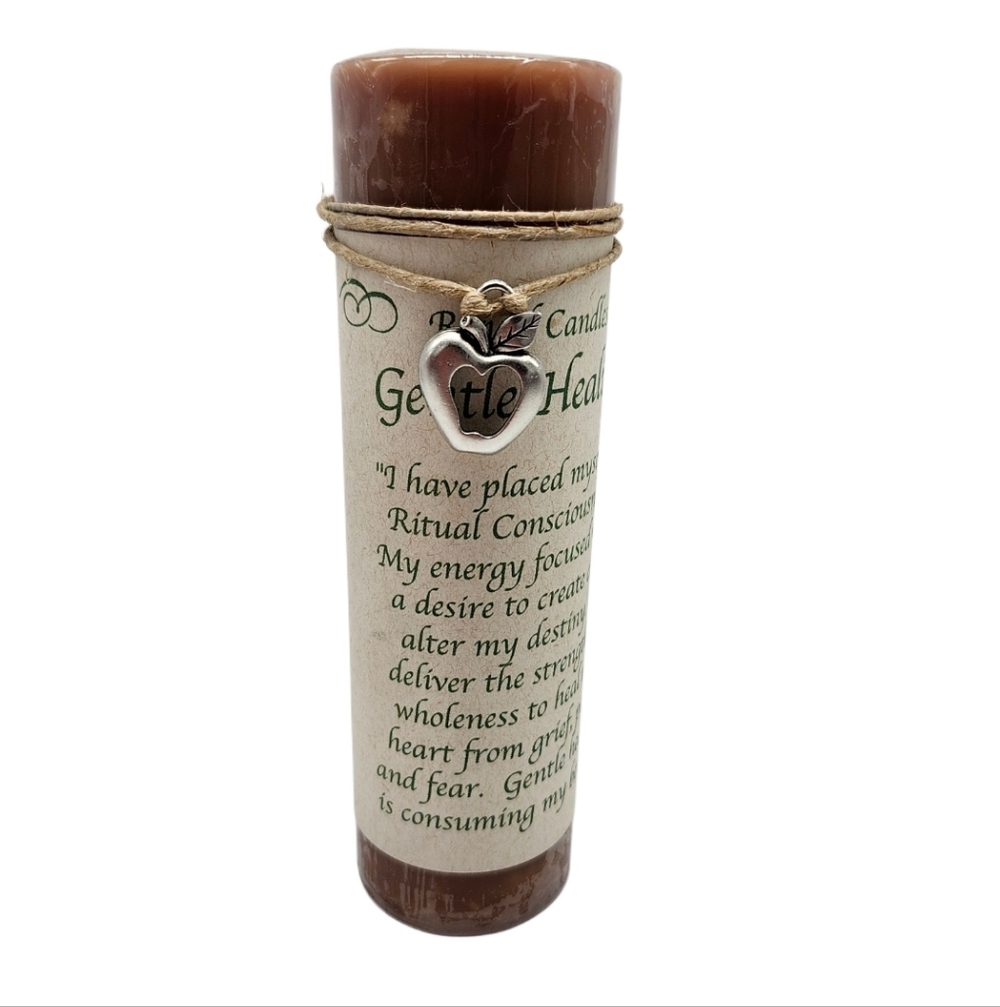 Brown Gentle Healing Ritual Pillar Candle w/Pewter Pendant NEW